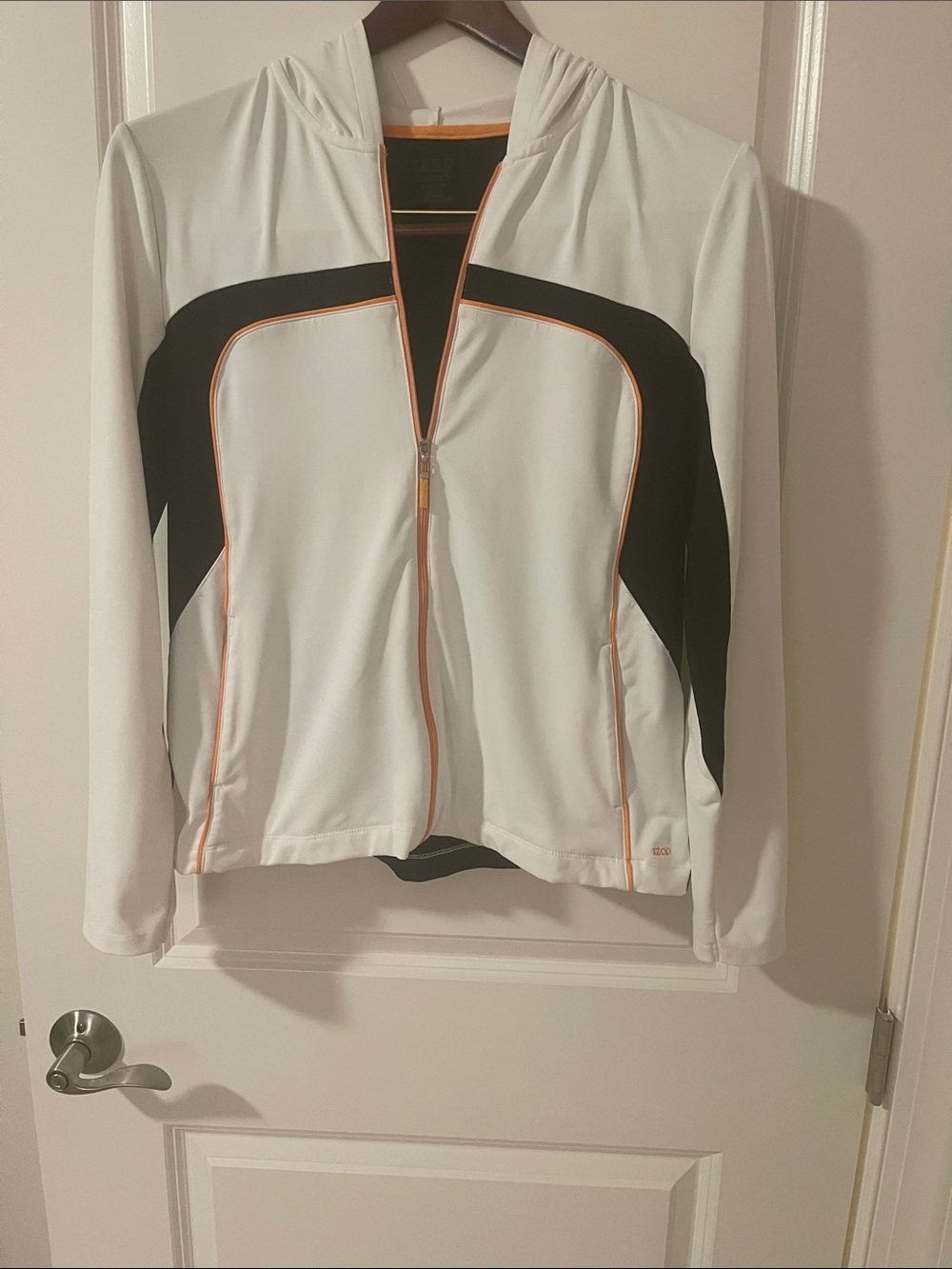Izod White Hooded Zip Bomber Jacket with Black Panels and Orange Trim with pants